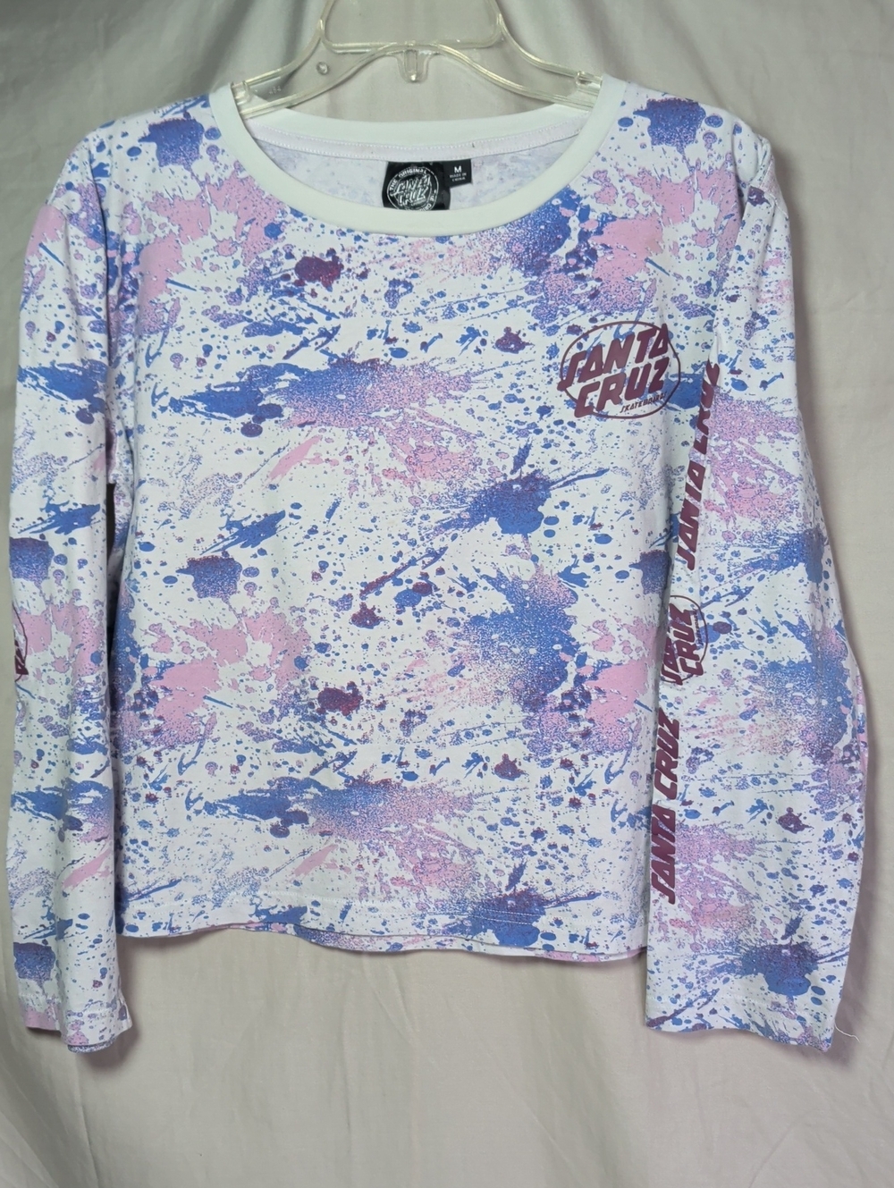 Santa Cruz Skateboards White Top with Pink & Blue Splatter Lightweight Cropped